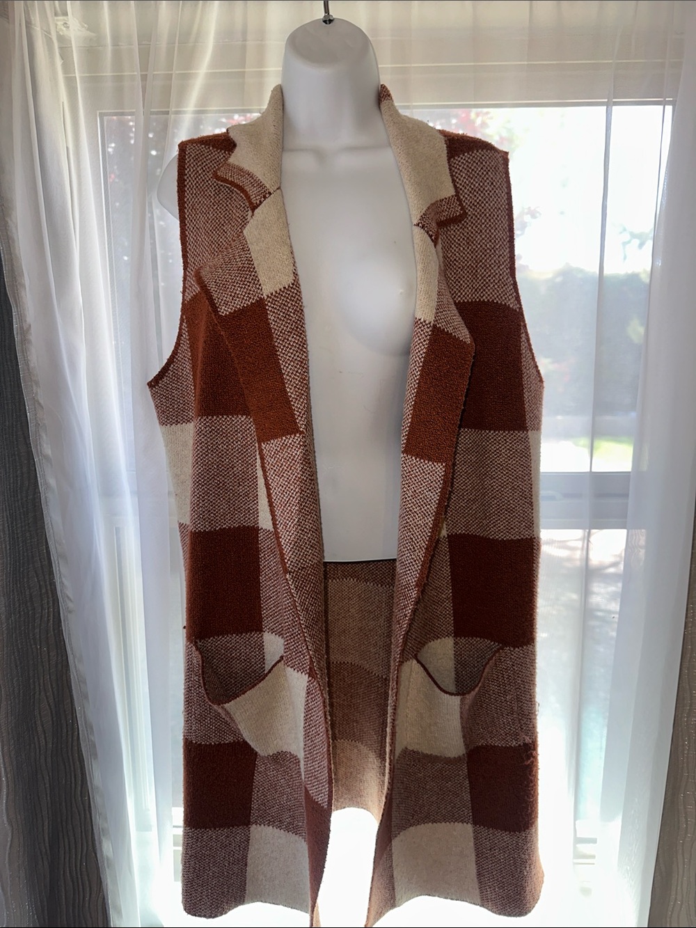 Maurices Rust & Cream Plaid Sleeveless Cardigan Vest